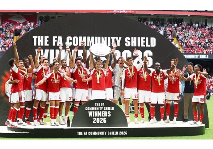 Arsenal players celebrating FA Community Shield victory Arsenal players celebrating FA Community Shield victory