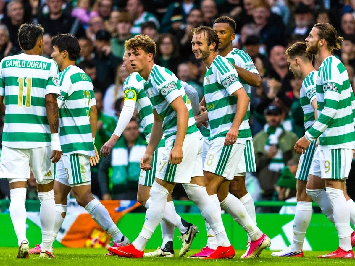 Celtic players celebrating a goal during match Celtic players celebrating a goal during match