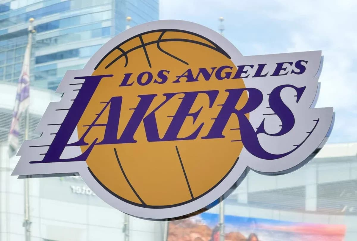 Los Angeles Lakers logo displayed on window Los Angeles Lakers logo displayed on window