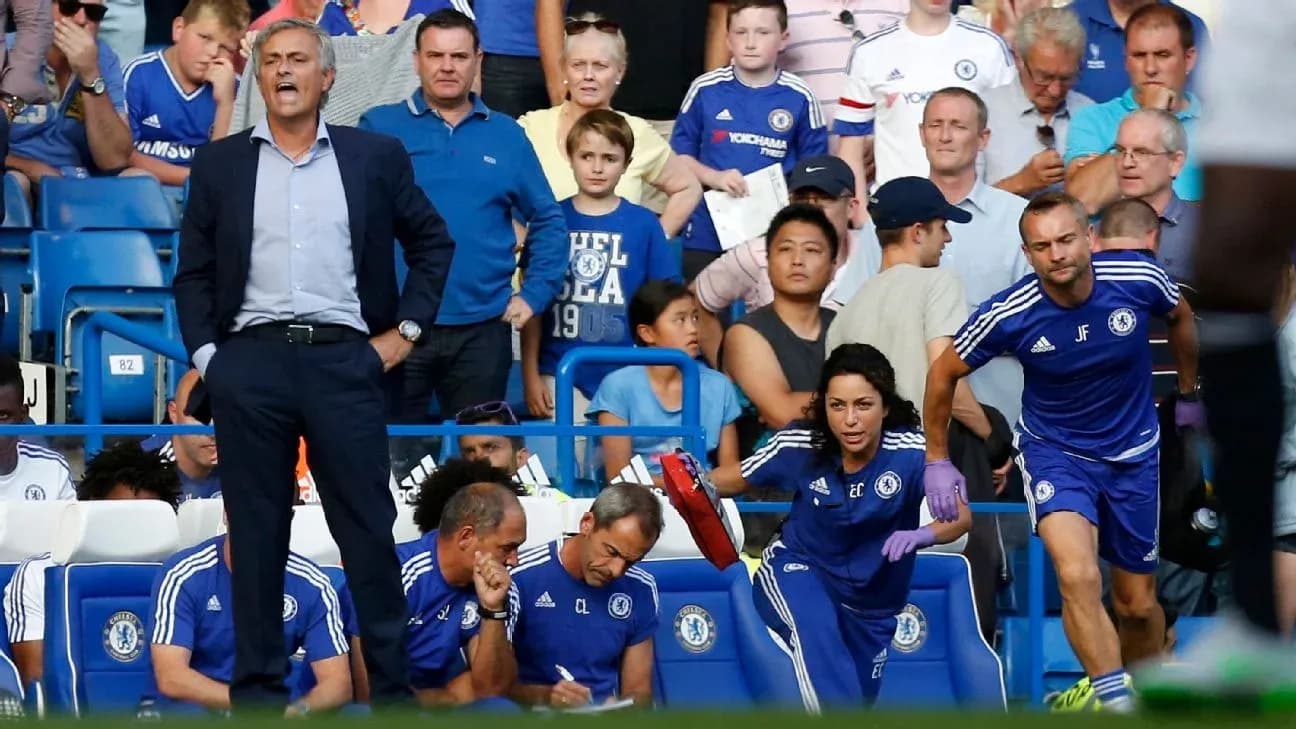 Jose Mourinho coaching during Chelsea match with staff Jose Mourinho coaching during Chelsea match with staff