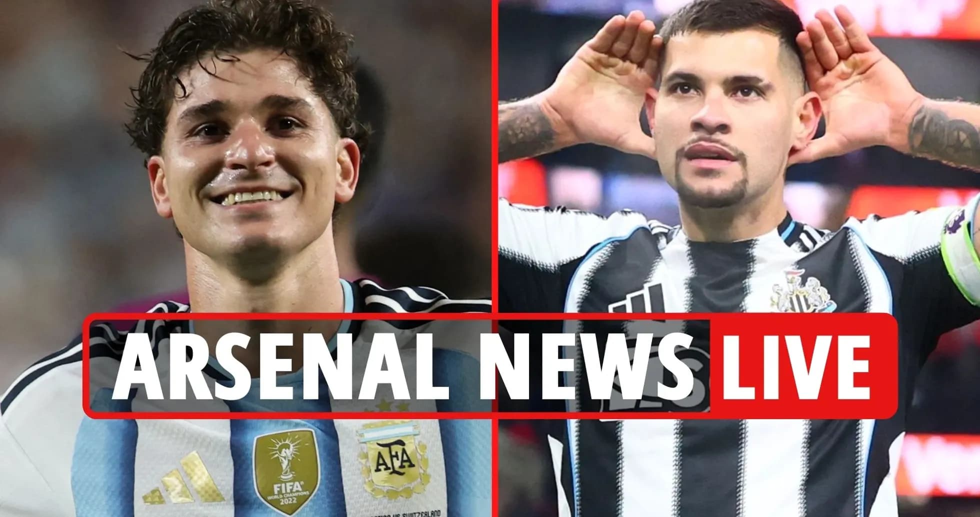 Two football players celebrating, Arsenal news overlay Two football players celebrating, Arsenal news overlay