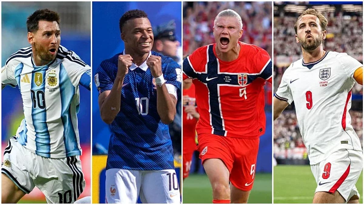 Four famous football players celebrating on the field Four famous football players celebrating on the field