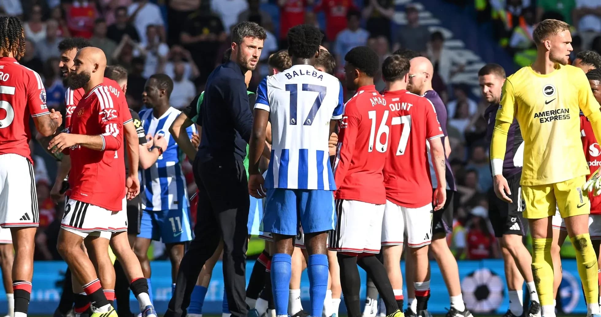 Players from Manchester United and Brighton arguing on pitch Players from Manchester United and Brighton arguing on pitch