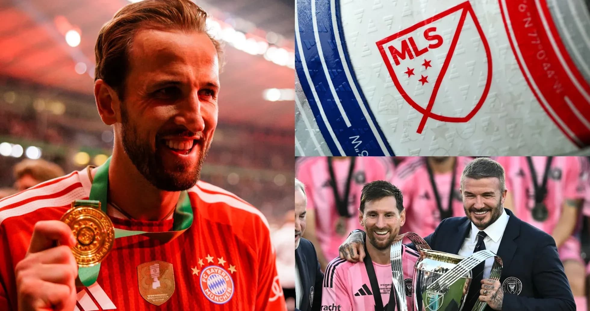 Harry Kane with trophy, MLS logo, Messi and Beckham Harry Kane with trophy, MLS logo, Messi and Beckham